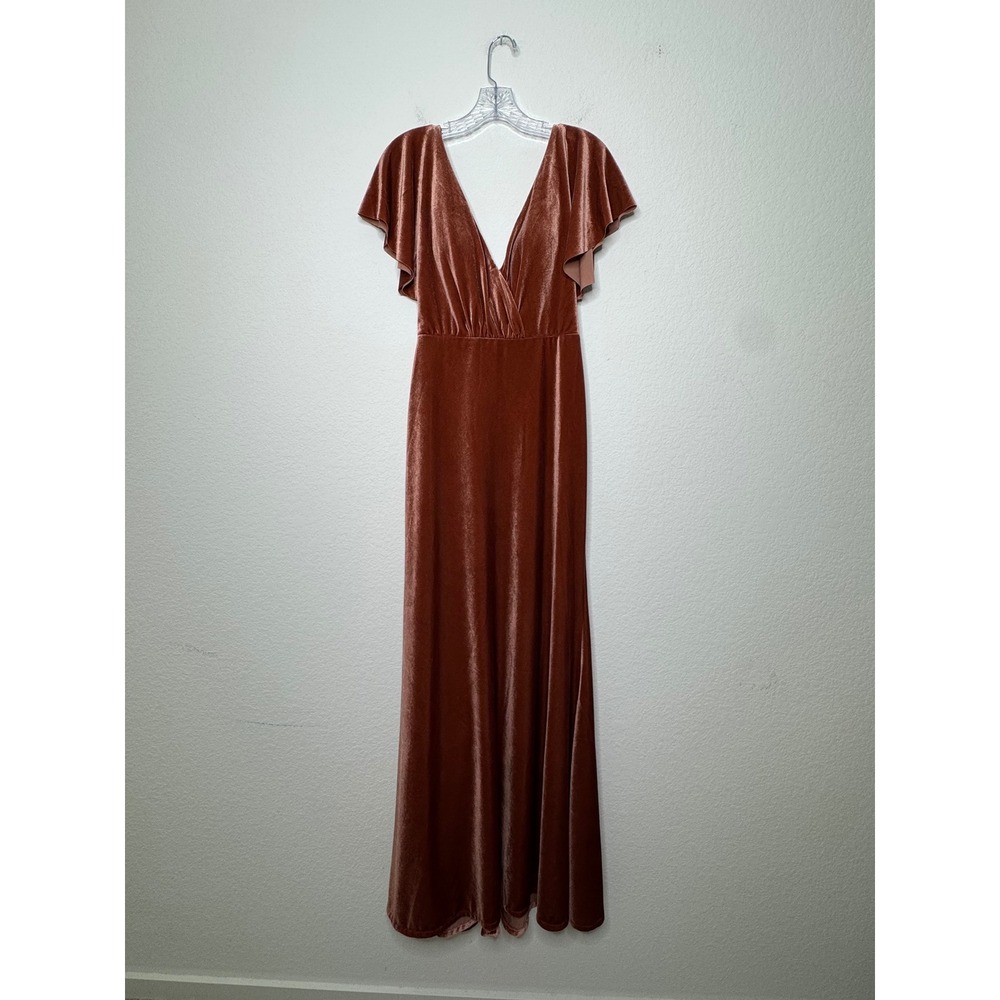 Jenny Yoo Collection Velvet Maxi Dress Rust Flutter Sleeve V-Neck Gown Size 2